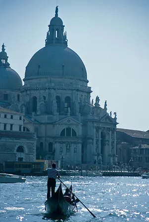 Gondola in front of Campo Della Salute at dusk
