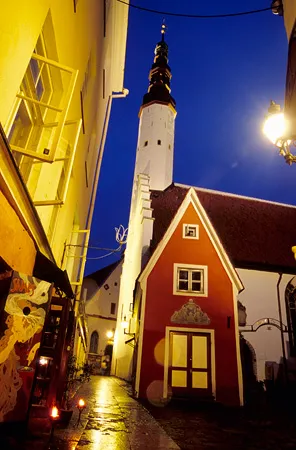 A rainy Tallinn street at dusk